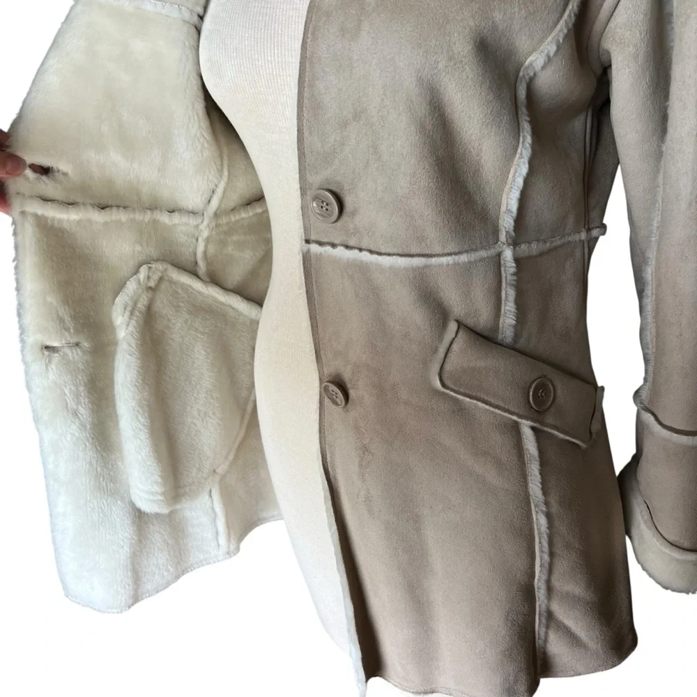 VINTAGE 90s Cream Faux Suede & Fur Hooded Coat Size Large - Picture 5 of 15